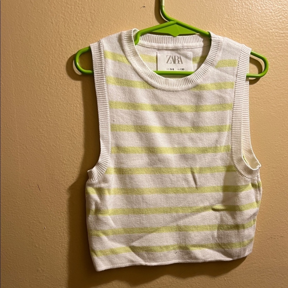 Zara Kids White and Light Green Striped Tank Top